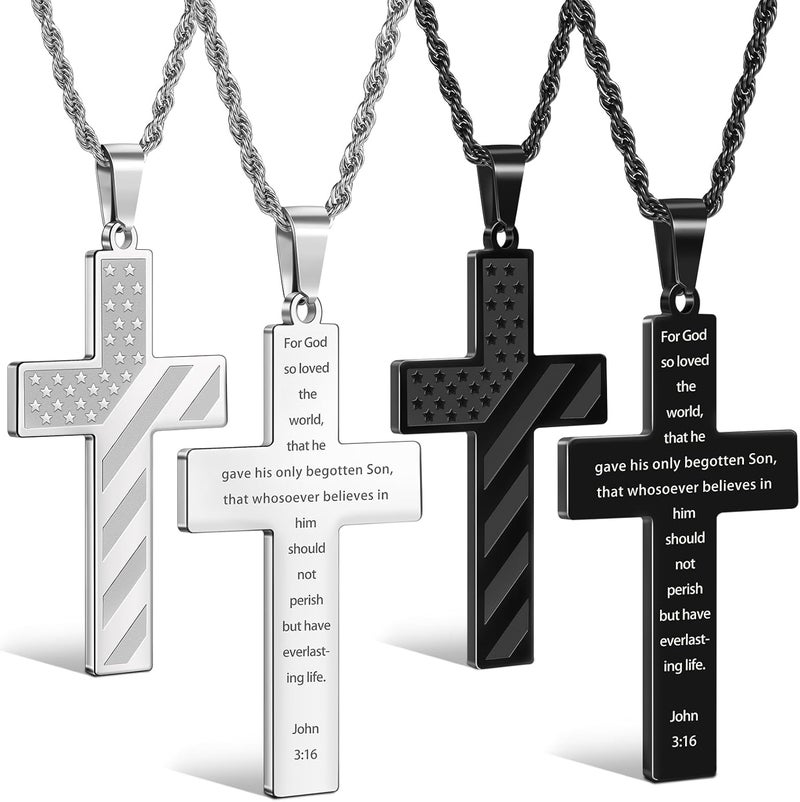 ROMASS 2Pcs Cross Necklace for Men Boys, Bible Verse Christmas Gifts Stainless Steel Silver Black American Flag Chains for Men Pendant Jewelry Box - Image 1